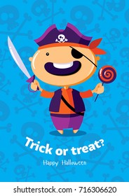 Halloween vector poster trick or treat with pirate on seamless background