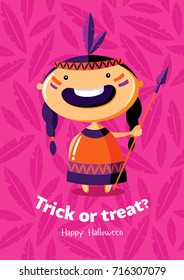 Halloween vector poster trick or treat with red Indian girl on seamless background