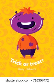 Halloween vector poster trick or treat with zombie on seamless background