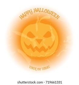 Halloween vector poster with yellow pumpkin on the light background with pattern of cracked paint