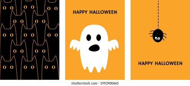 Afiches vectoriales de Halloween. Tarjetas de halloween minimalistas. Fantasma plana, gato y araña. Feliz concepto de halloween.