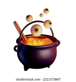 halloween vectorial pot 3d icono realista. Feliz Halloween mágica bruja morada caldera, cacerola de poción y naranja hirviendo los ojos. Diseño 3d realista al estilo de las caricaturas. Cartel, afiche web, volante, tarjeta de saludo.