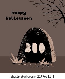 Halloween Vector Print with Dark Cemetery, Scary Leafless Tree and Dreadful Tombstone. Handwritten Happy Halloween and Boo. Spooky  Hand Drawn halloween Illustration ideal for Card, Poster, Wall Art.