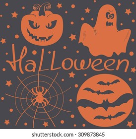 Halloween vector. Pumpkin, ghost, spider, bat