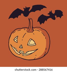 Halloween vector pumpkin lantern with bat silhouettes