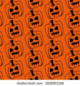 Halloween vector pumpkin seamless pattern isolated on orange background. Funny, cute illustration for seasonal design, textile, decoration kids playroom or greeting card. Hand drawn prints and doodle