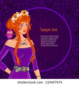 Halloween vector redhead witch girl with the purple magic pattern background