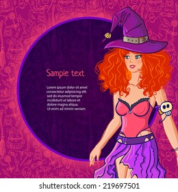 Halloween vector redhead witch girl with the purple magic pattern background