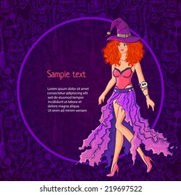 Halloween vector redhead witch girl with the purple magic pattern background