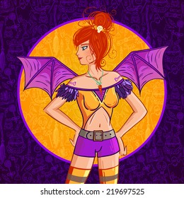 Halloween vector redhead witch girl with the purple magic pattern background
