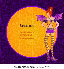 Halloween vector redhead witch girl with the purple magic pattern background