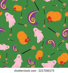 Halloween vector repeat pattern design on green background