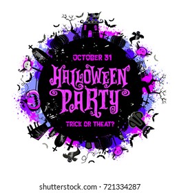Halloween vector round card. Grunge design elements with texture stains Halloween Party lettering, flying ghosts, bats, haunted house, Jack o Lantern, pumpkin with smiling face, tombstones, werewolf