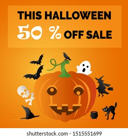 A Halloween vector sale banner with Halloween elements in background.