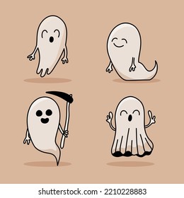 Halloween vector scary cute cartoon ghosts. Ghostly monster with Boo scary face. Set of cute ghosts, apparition, spook, horror. Isolated cartoon illustration for print or sticker.