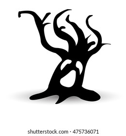 Halloween vector scary tree. Black illustration. Ghost face