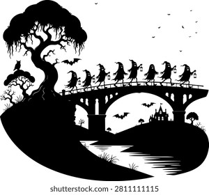 Halloween vector scene silhouette showing spooky ghosts with lanterns walking across a bridge over a river. Creepy landscape with trees, bats, owl, and a haunted house. EPS 10.