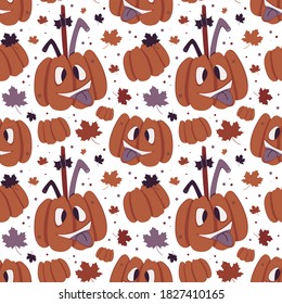 Halloween vector seamless background. Colorful funny pattern with pumpkins and maple leaves.