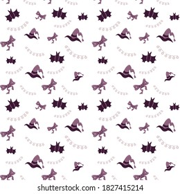 Halloween vector seamless background. Colorful funny pattern with purple bow-knots, witch hats and bats.