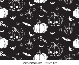 Halloween vector seamless background with pumpkin, bat and autumn leaves. Silhouette style abstract pattern.