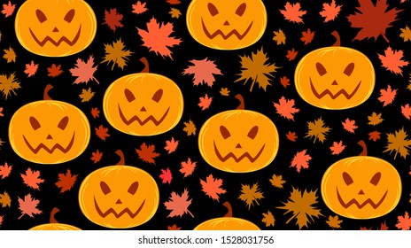 Halloween vector seamless background with pumpkins and autumn leaves