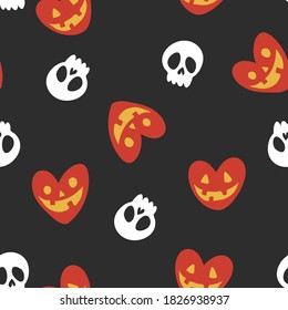 Halloween vector seamless background with pumpkins in heart shape and scull. Lovely funny spooky texture for halloween holidays