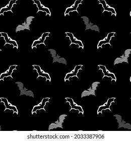 Halloween vector seamless background. Repeating pattern with hand drawn flying bats on black background. Ready for printing on textile, fabric, bedding and other seamless surfaces. 