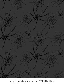 Halloween vector seamless background with spider and web. Silhouette style abstract pattern.