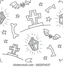 Halloween vector seamless. Black and white outline illustration.