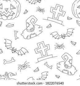 Halloween vector seamless. Black and white outline illustration.