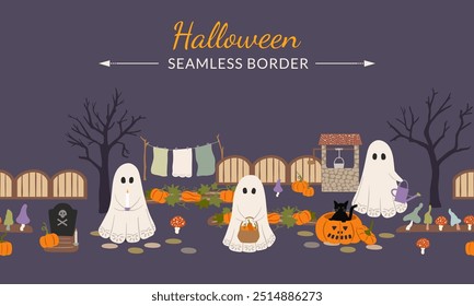 Halloween vector seamless border. Cute ghosts, pumpkins, trees, grave, toadstools and black cat. Whimsical countryside spooky night scene for seasonal banners, cards, decor. Happy Halloween design