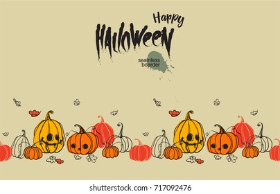 Halloween vector seamless border with pumpkin and autumn leaves. Silhouette style abstract pattern.