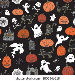 Halloween vector seamless doodle pattern with pumpkin, spider, ghost, cat, castle