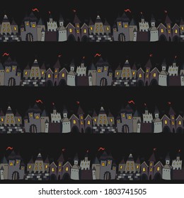Halloween vector seamless line doodle pattern with castle