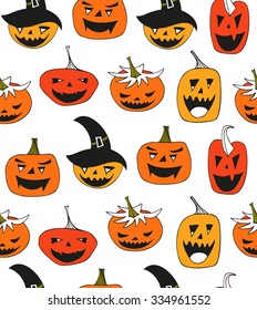 Halloween vector seamless pattern with angry pumpkins. Decorative background with funny drawing pumpkins
