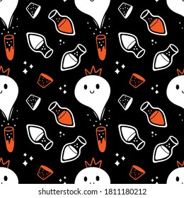 Halloween vector seamless pattern background with cute ghosts and potion flasks.

