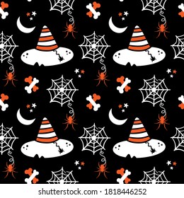 Halloween vector seamless pattern background with witch hats, spider web with spider, bones and stars.
