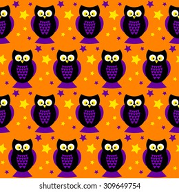 Halloween vector seamless pattern background with funny owl and stars isolated on stylish cover for use in design