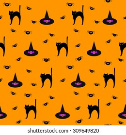 Halloween vector seamless pattern background with cats and hats isolated on stylish cover for use in design
