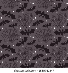 Halloween vector seamless pattern with bat and spider on web.