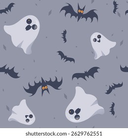 Vetor de Halloween padrão sem emenda com morcego, personagens fantasmas. Ilustração de vetor de feriado