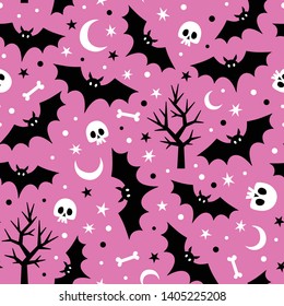 Halloween vector seamless pattern with bats, moons, skulls and trees.