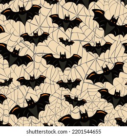 Halloween vector seamless pattern with Bats and Spider webs, Halloween gothic bat and spider webs silhouette on pastel orange background