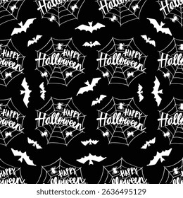 Halloween vector seamless pattern with bats, spiders, web and lettering. Black and white background.