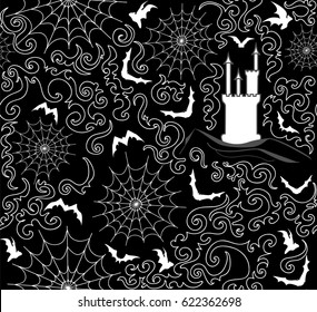 Halloween vector seamless pattern with bats, gothic castles and spiderweb. You can use any color of background