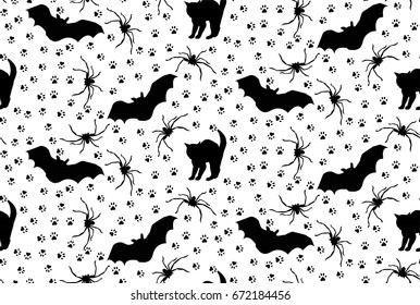 Halloween vector seamless pattern with Bats, Spiders and Black cat.