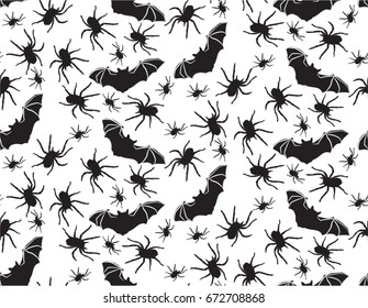 Halloween vector seamless pattern with Bats and Spiders 