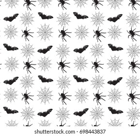 Halloween vector seamless pattern with Bats, web and Spiders.