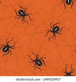 Halloween Vector Seamless Pattern With Black Widow Spiders and Spider Web on Orange Background. Elegant Spooky Holiday Texture 