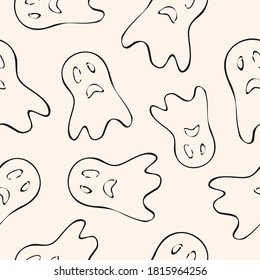 Halloween vector seamless pattern. Black and white abstract texture with scary face, ghost silhouette. Simple monochrome linear background. Creepy funny design for decor, print, wrap, cover, wallpaper